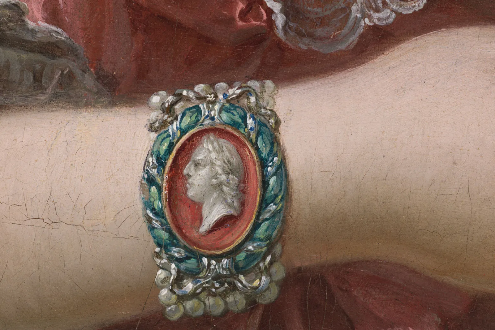 Detail of Boucher's portrait, c. 1750: a cameo bracelet on Madame de Pompadour's wrist