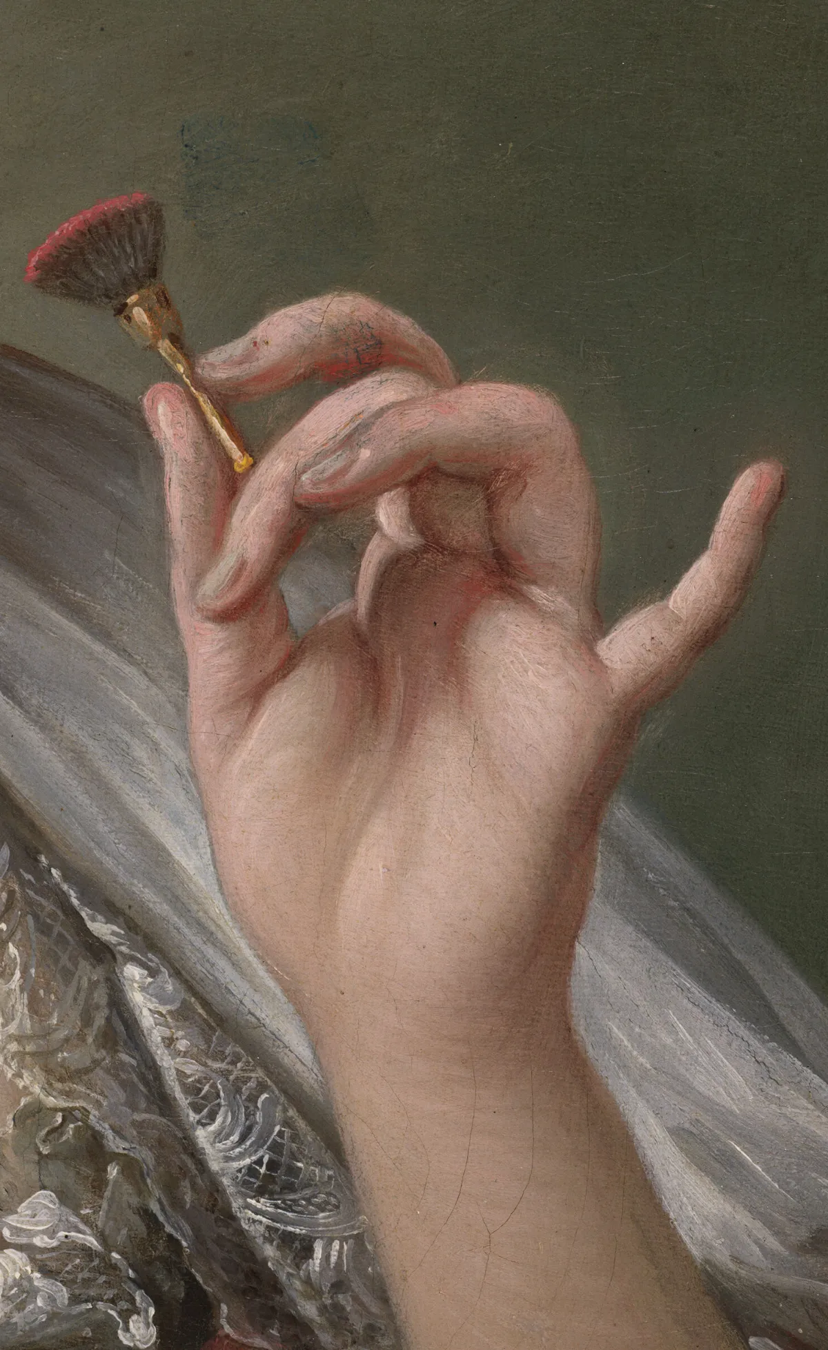 Detail of Boucher's portrait, c. 1750: Madame de Pompadour's hand holding a brush