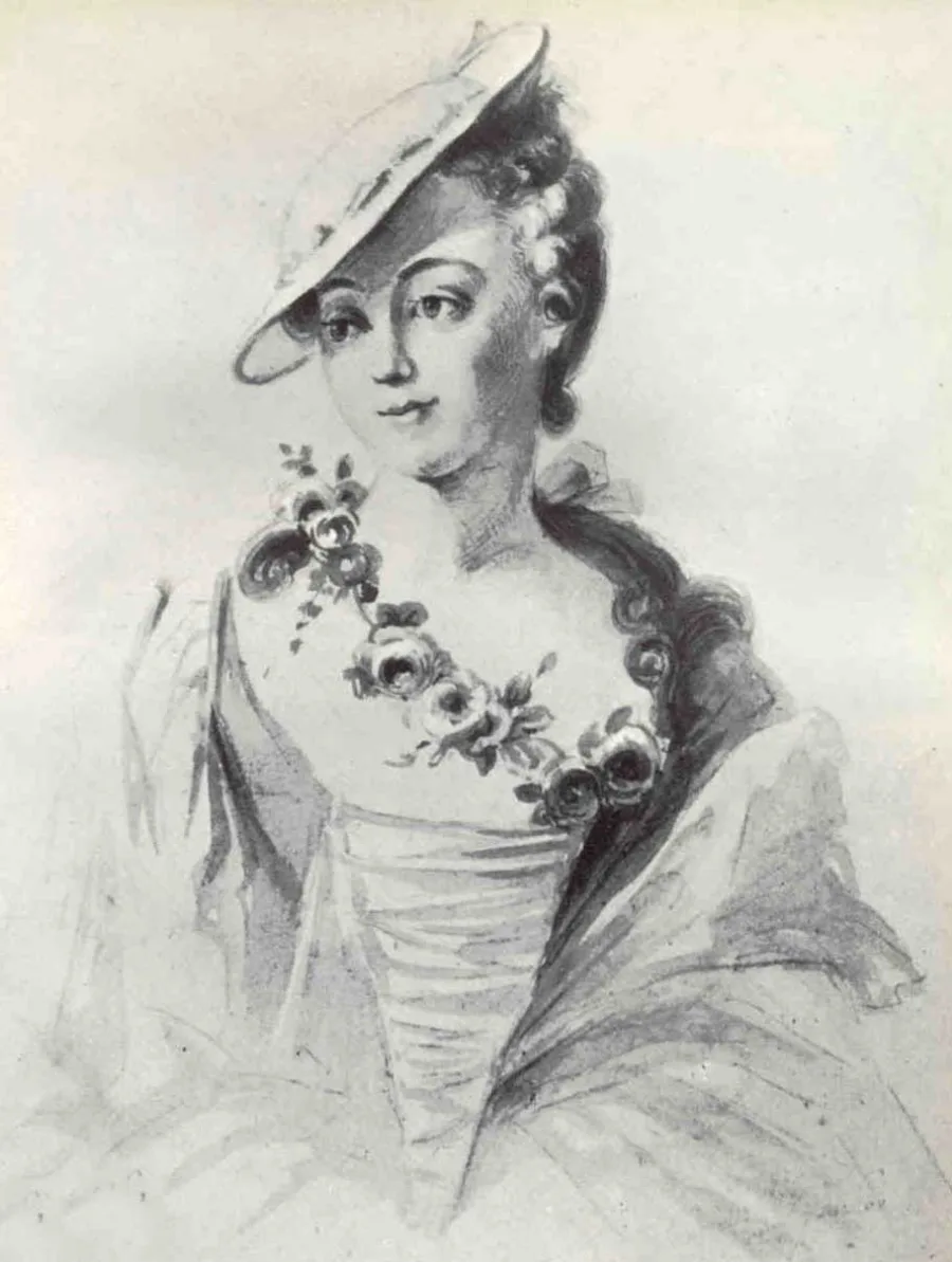 Portrait study of Madame de Pompadour in a hat, drawn in chalk